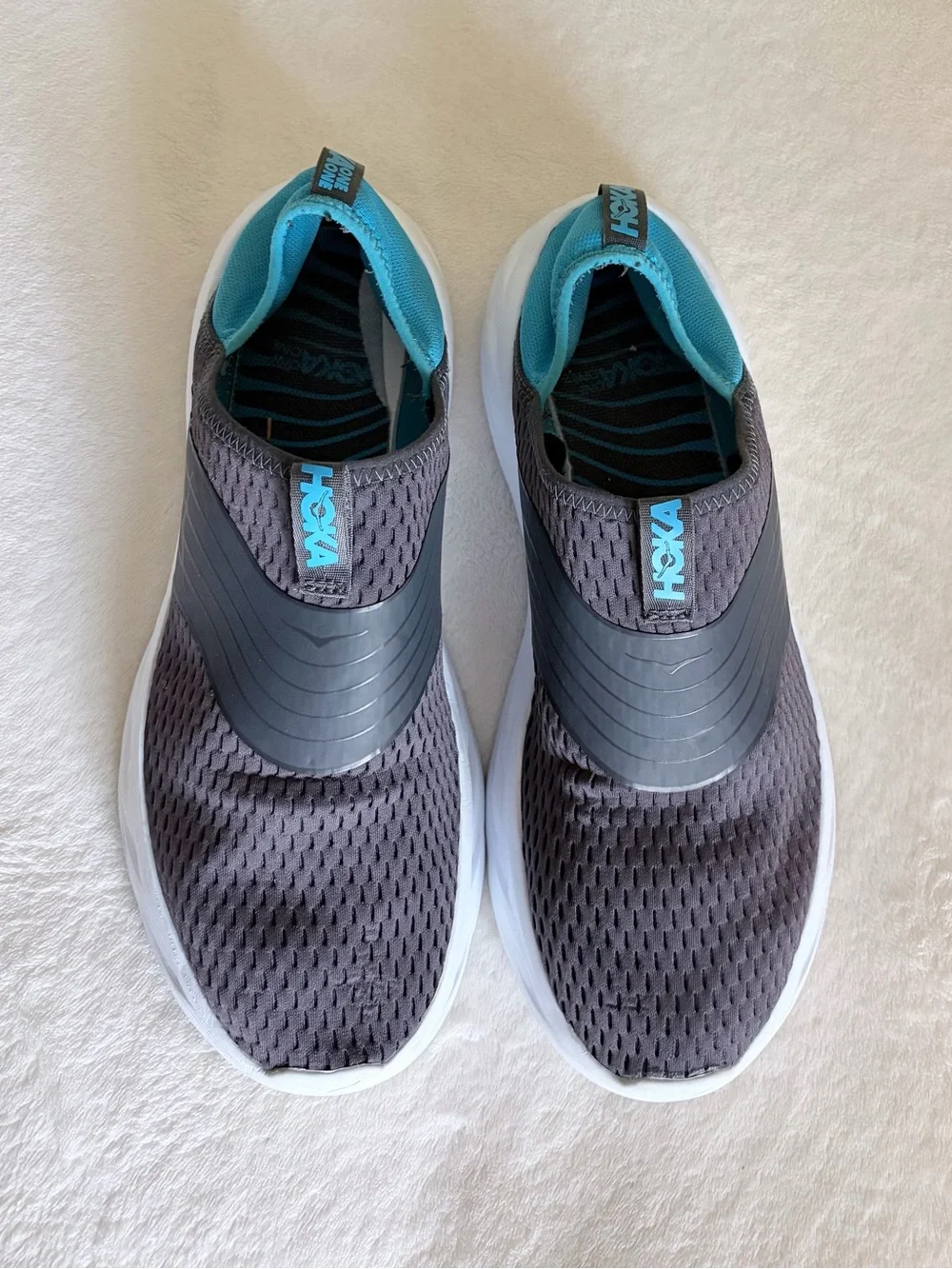 Hoka Gray Slip-On Mesh Sneakers with Teal Accents